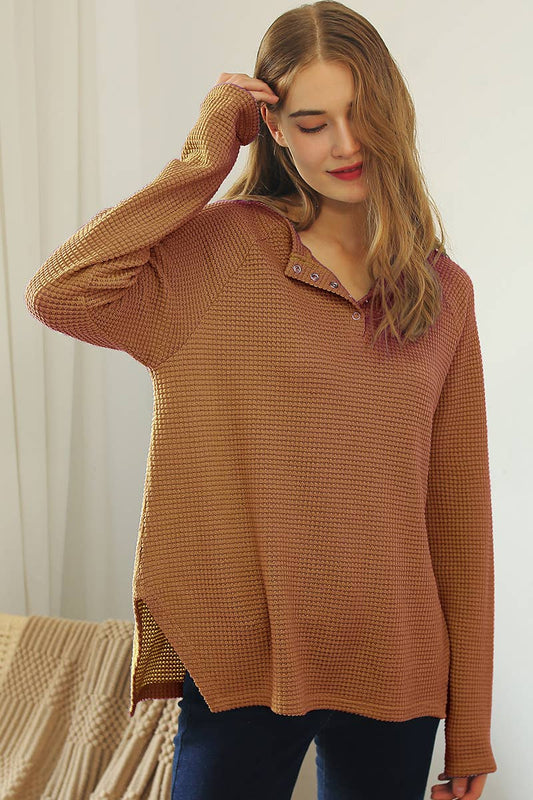 Waffle Knit Round Neck Long Sleeved Top