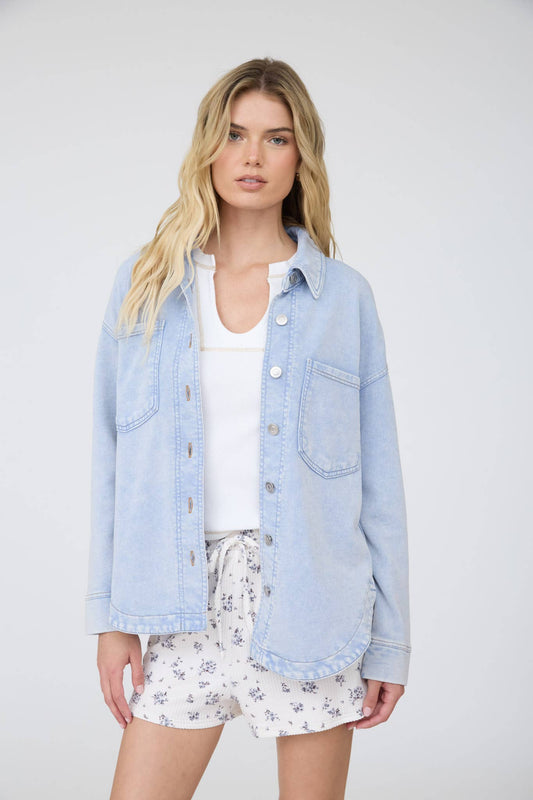 ACID WASHED COLLARED BUTTON DOWN KNIT SHACKET