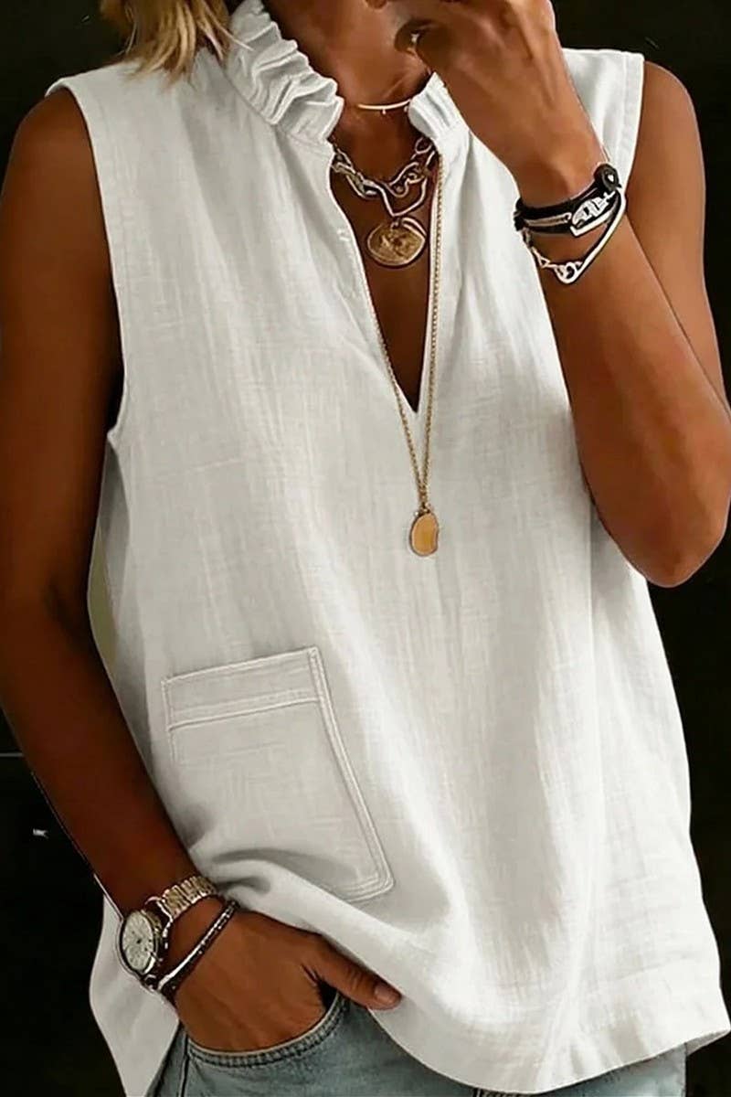 CWTBLS02807_STAND-UP COLLAR RUFFLE SLEEVELESS TOP