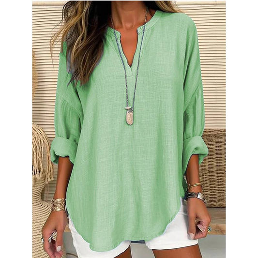 Linen Long Sleeve Casual V Neck Top