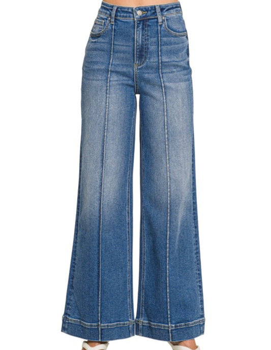 High Rise Wide Leg Pintuck Denim Pants