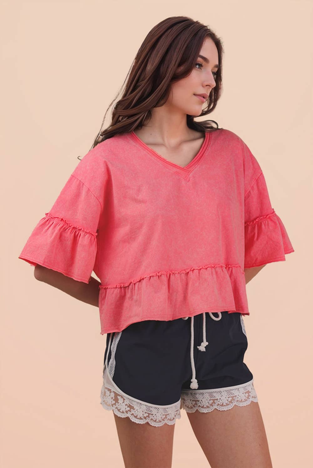 Mineral Washed Ruffle Knit Top