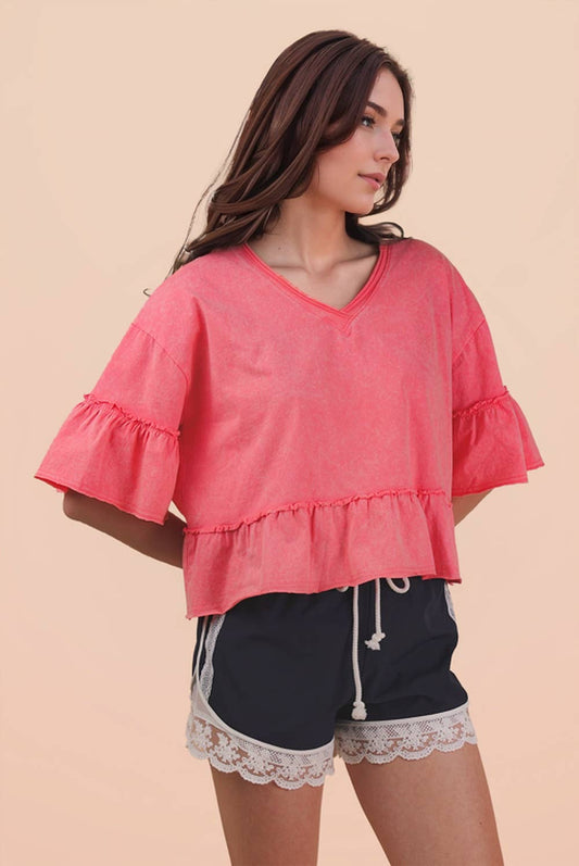 Mineral Washed Ruffle Knit Top