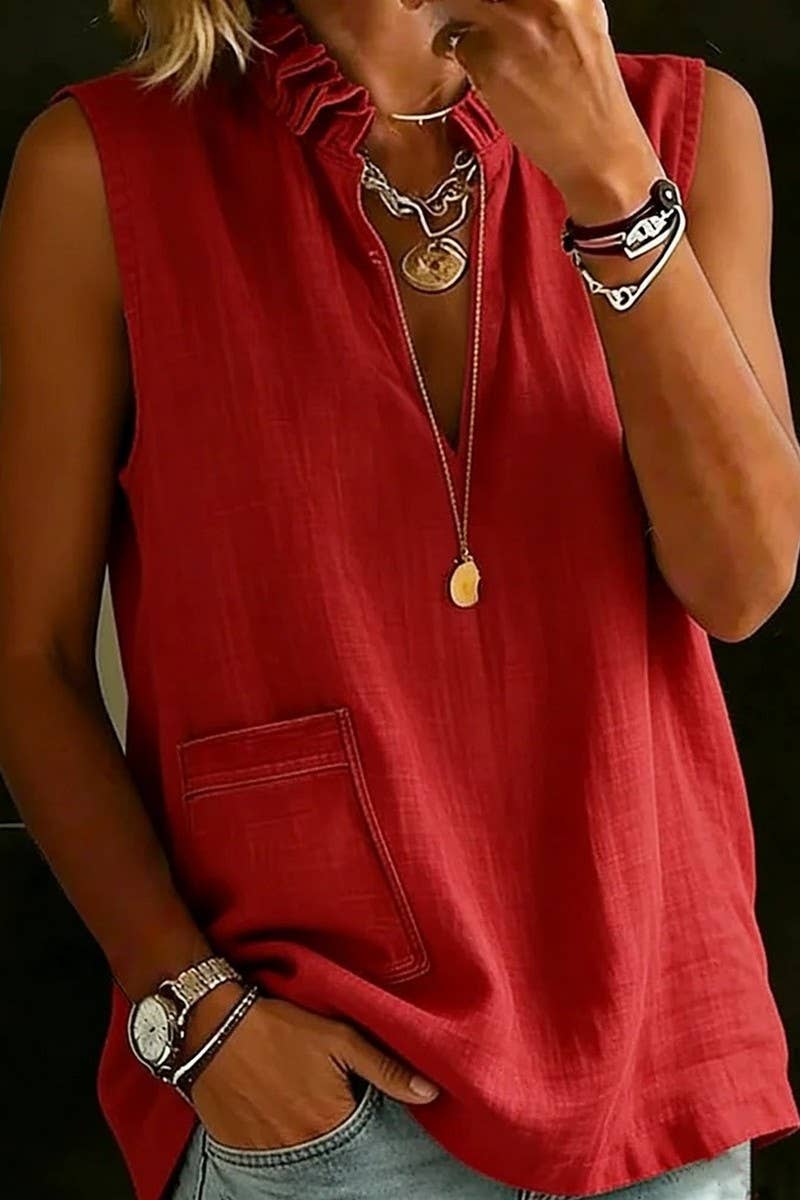 CWTBLS02807_STAND-UP COLLAR RUFFLE SLEEVELESS TOP