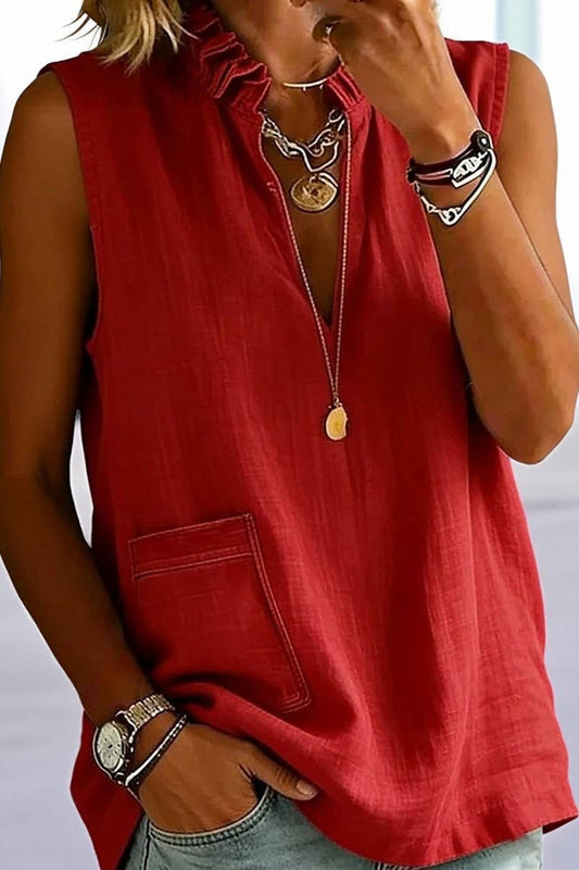 CWTBLS02807_STAND-UP COLLAR RUFFLE SLEEVELESS TOP
