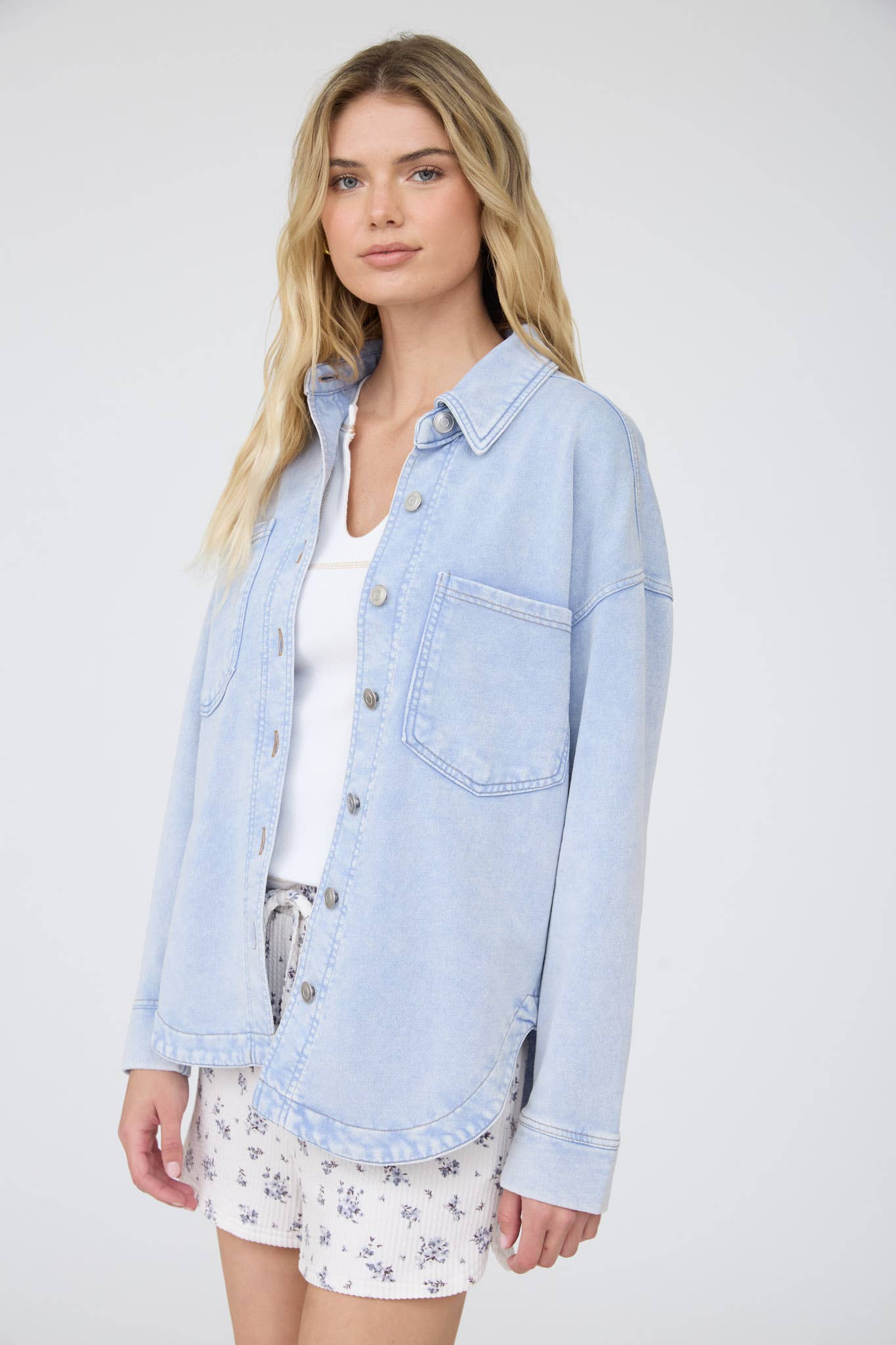 ACID WASHED COLLARED BUTTON DOWN KNIT SHACKET