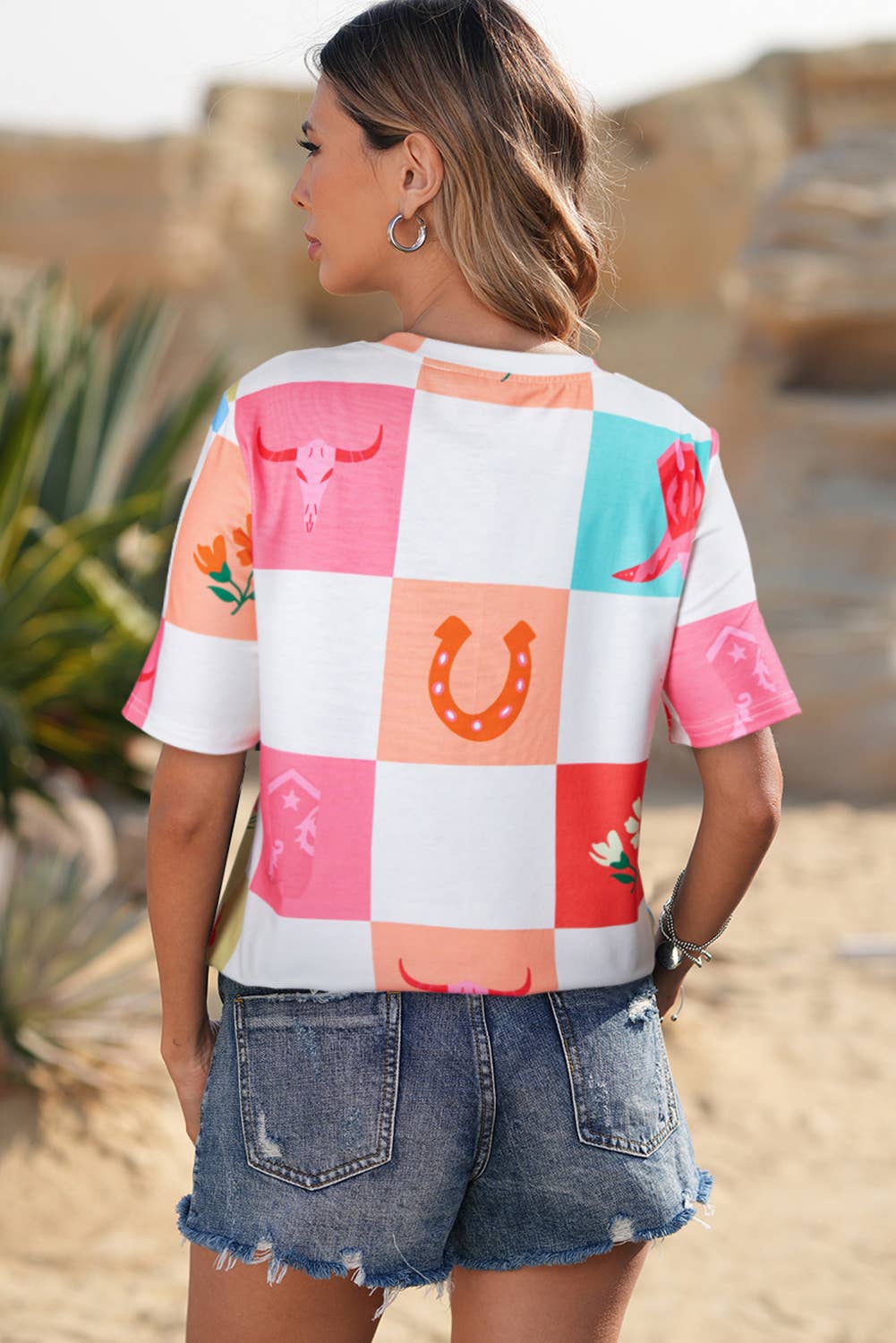 LDC Western Fashion Floral Plaid Print Crewneck T Shirt