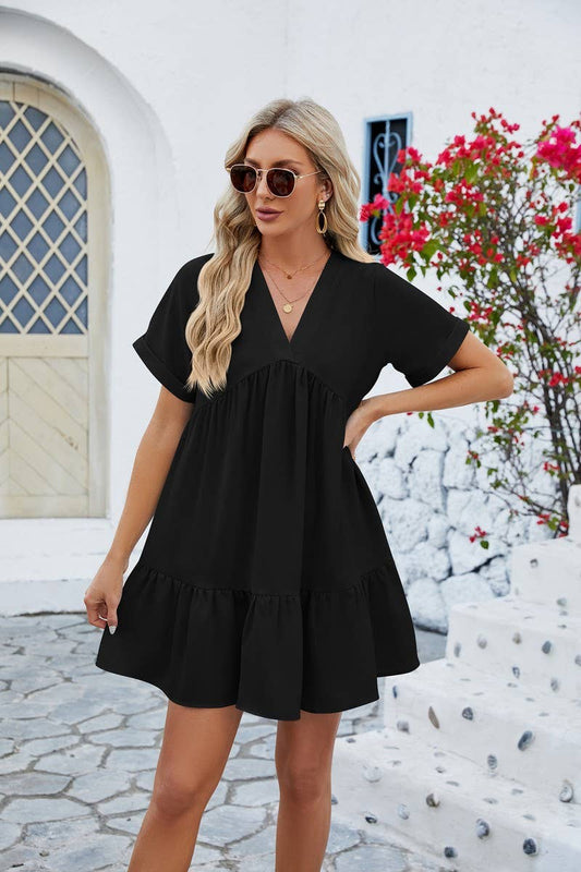 Neck Tiered Short Sleeve Dress