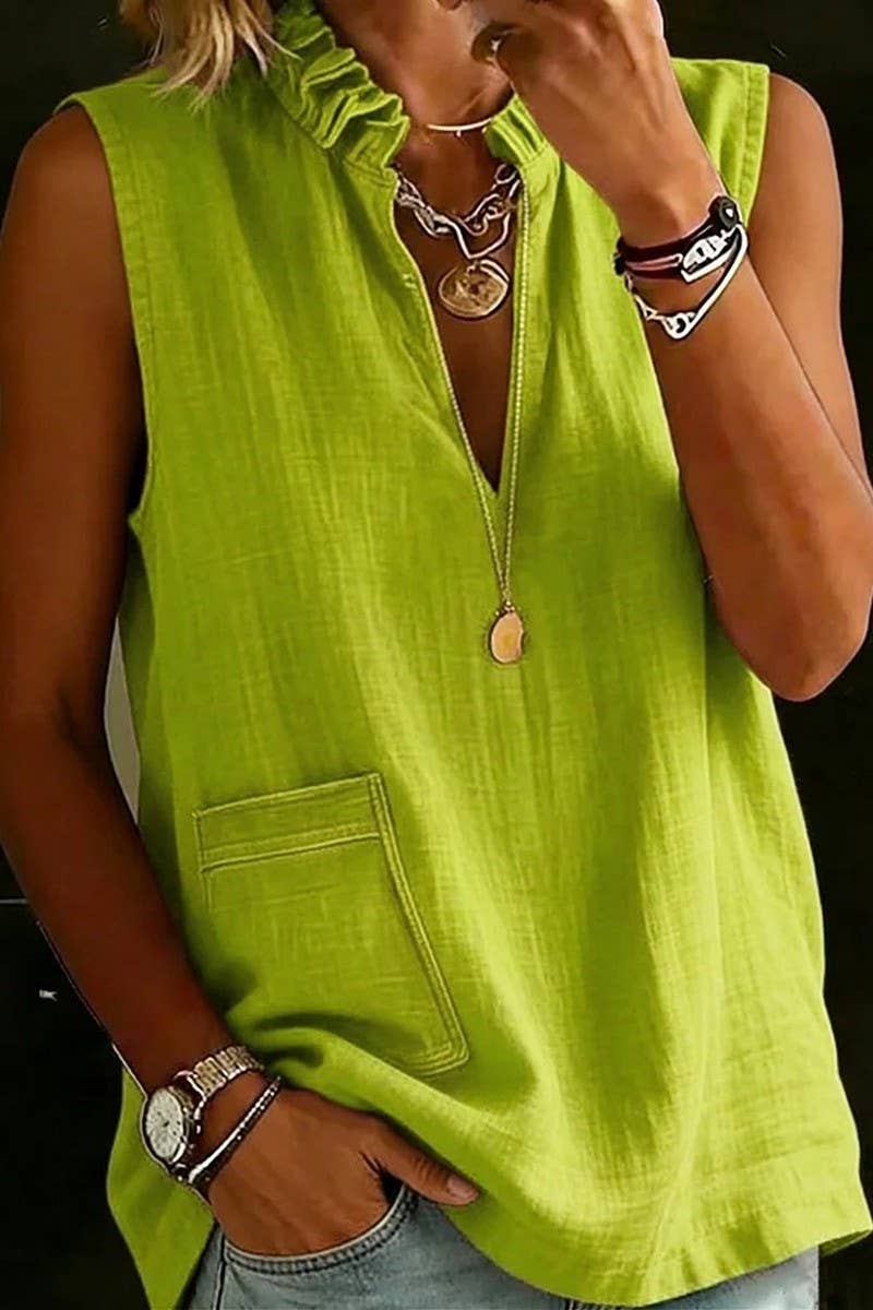 CWTBLS02807_STAND-UP COLLAR RUFFLE SLEEVELESS TOP