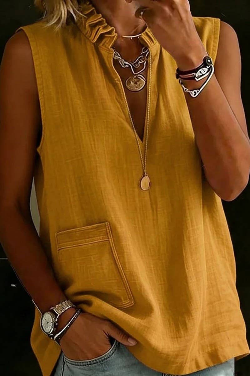 CWTBLS02807_STAND-UP COLLAR RUFFLE SLEEVELESS TOP